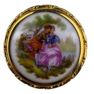 Limoges France Gold Tone Porcelain Vintage Brooch Hand Painted Scene